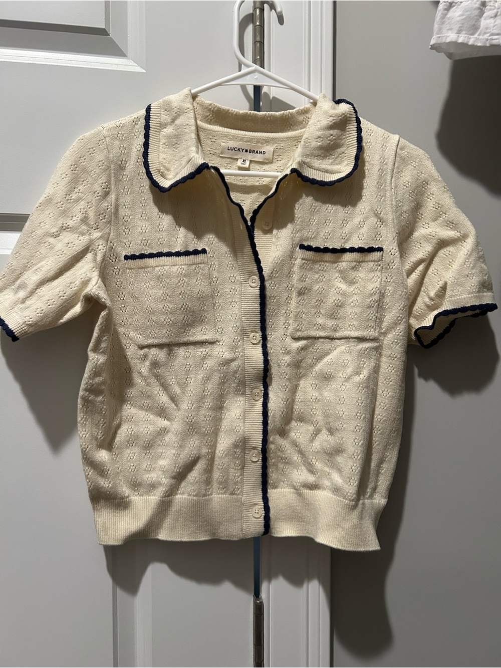 Lucky Brand Cream Short Sleeve Knit Cardigan with Navy Trim